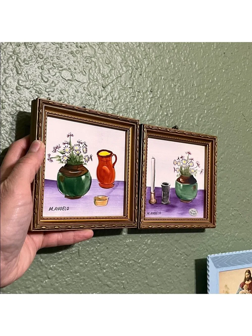 Vintage M Angelo Hand Painted Framed Tile Set Of 2 Japan